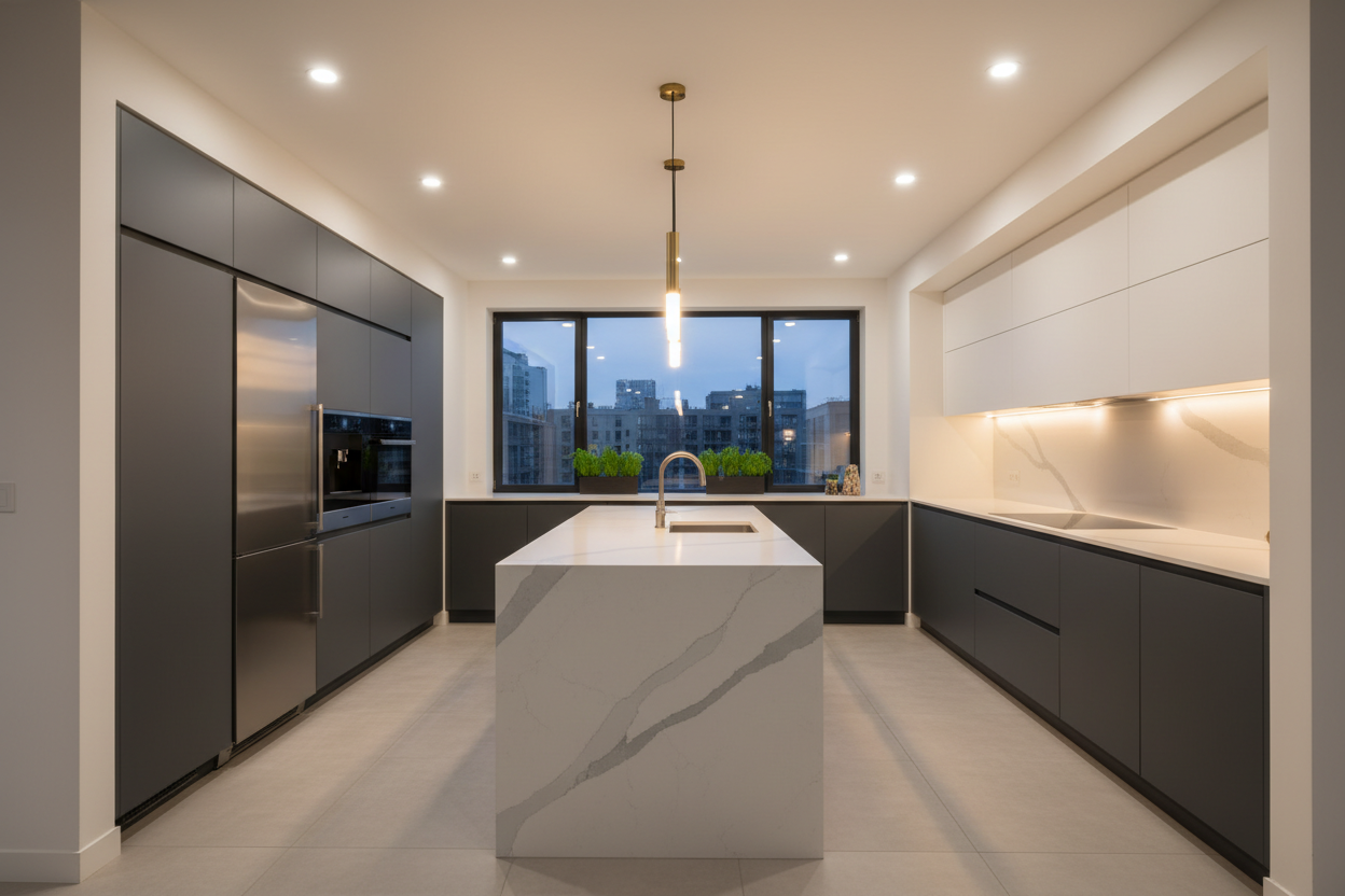 Modern kitchen illuminated with LED lighting