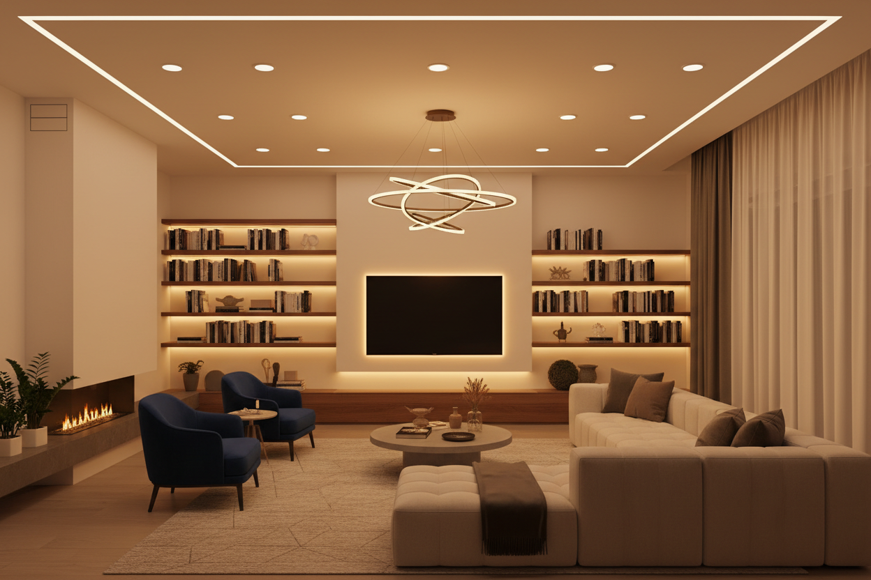 Modern room with no natural light illuminated with LED's