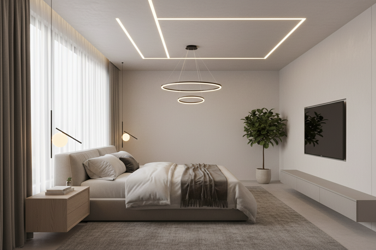 modern bedroom with central round pendant light