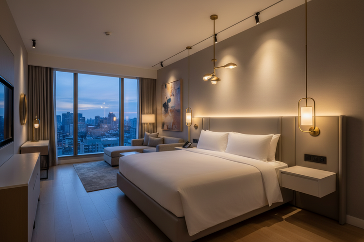 Modern hotel room with contemporary lighting