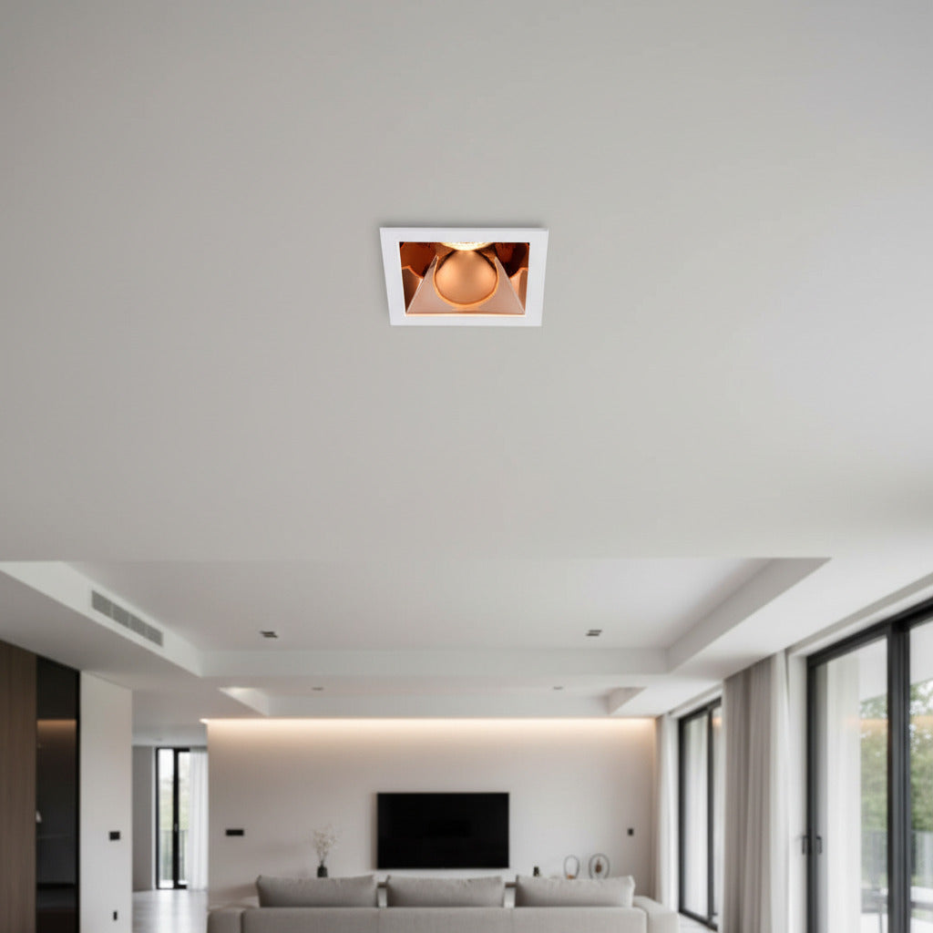 rose gold square LED downlight mounted in the ceiling of a modern home 
