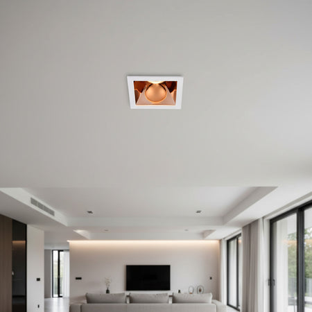 rose gold square LED downlight mounted in the ceiling of a modern home 
