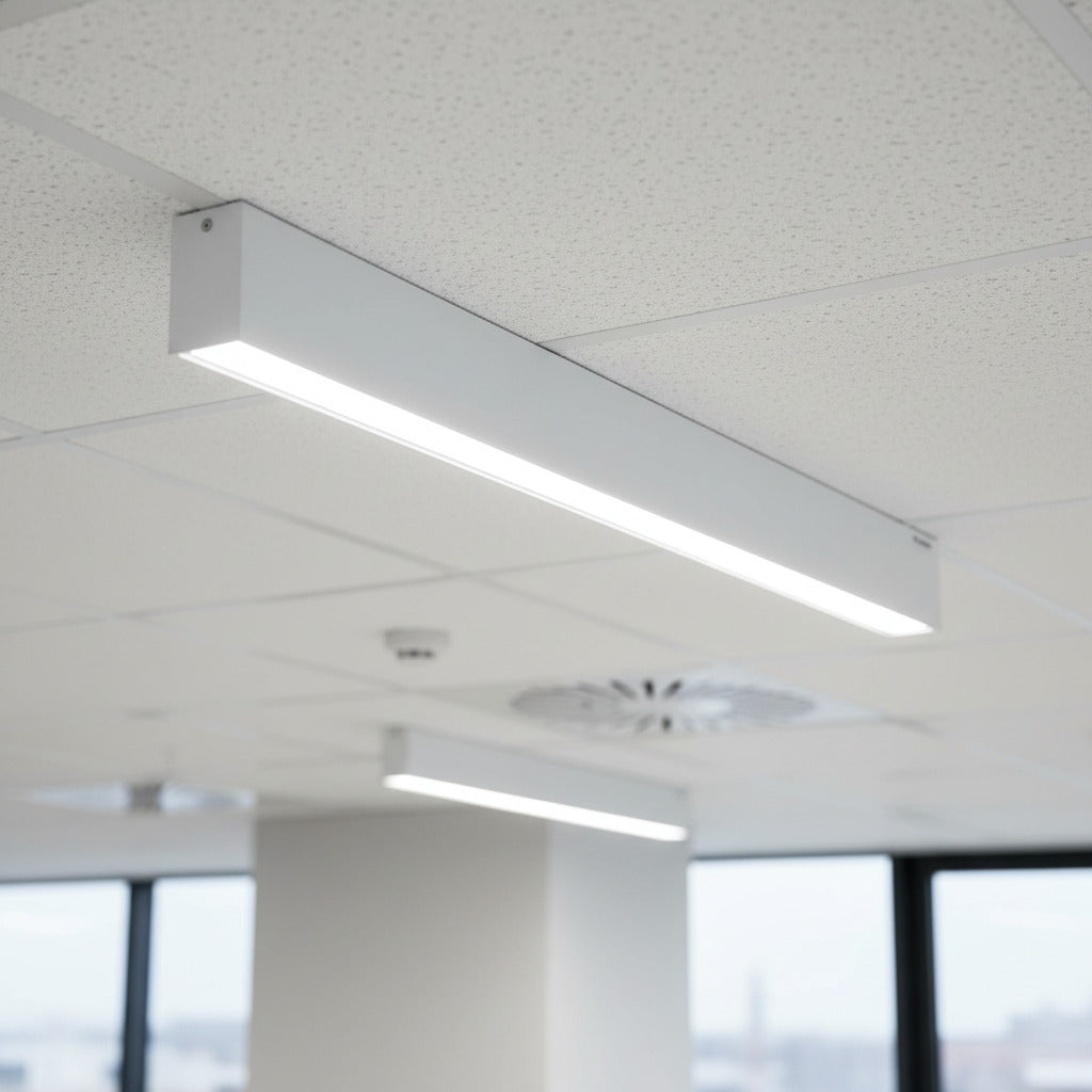 white surface mounted linear LED light mounted on a suspended ceiling in an office 