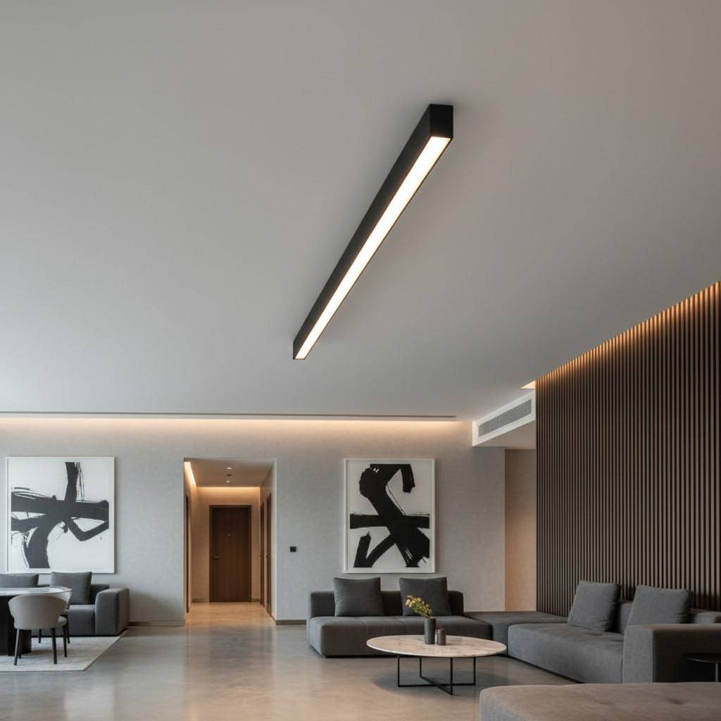 black surface mounted linear light fitted in a modern hotel reception