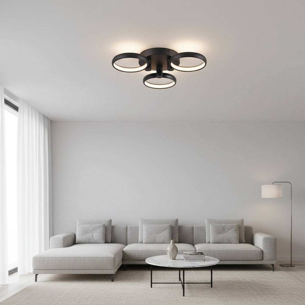 black flush ceiling light mounted on the ceiling of a modern home 