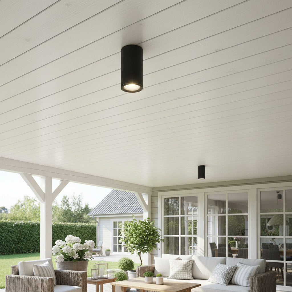 black surface mount soffit light mounted on the ceiling over an outside entertaining area