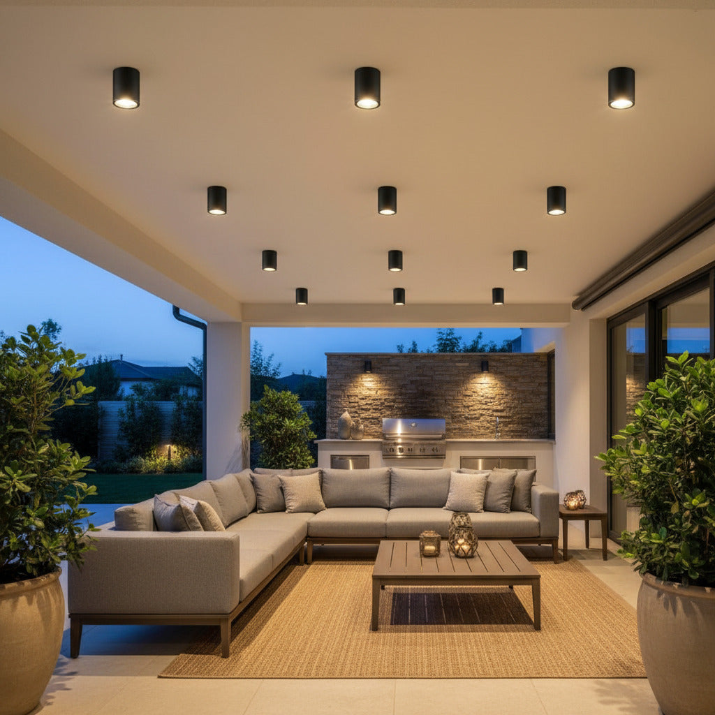 black outdoor surface mounted downlight fitted on the ceiling of an outdoor seating area
