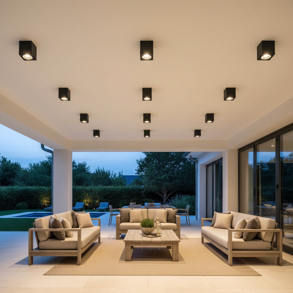 black outdoor soffit downlight mounted on a ceiling outside over a seating area