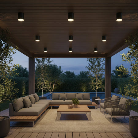black surface mounted exterior downlight mounted outside over and entertaining area