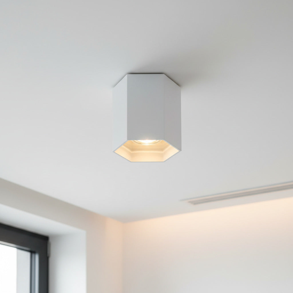 white LED flush ceiling lamp mounted on the ceiling in the kitchen of a house