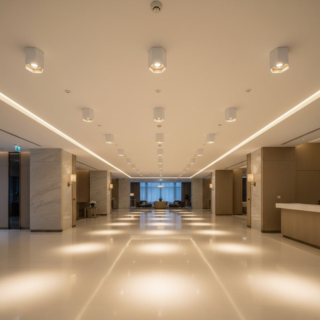 white LED flush ceiling lamp shown mounted in a hotel reception area. 