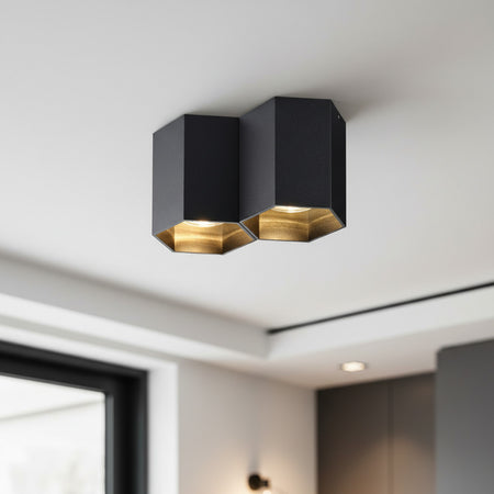 black surface ceiling spotlight mounted on the ceiling of a modern home
