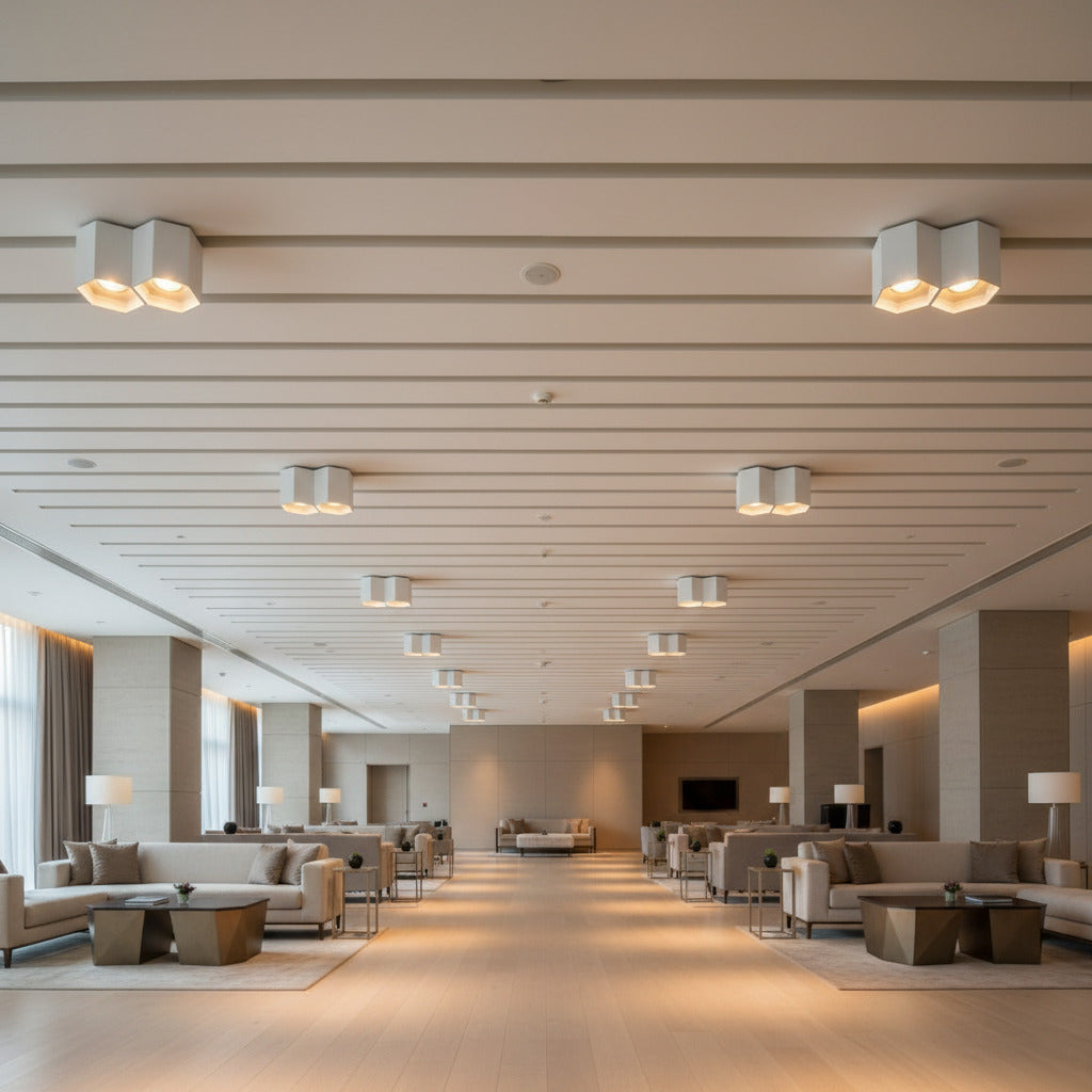 white contemporary ceiling light mounted in a modern hotel bar area