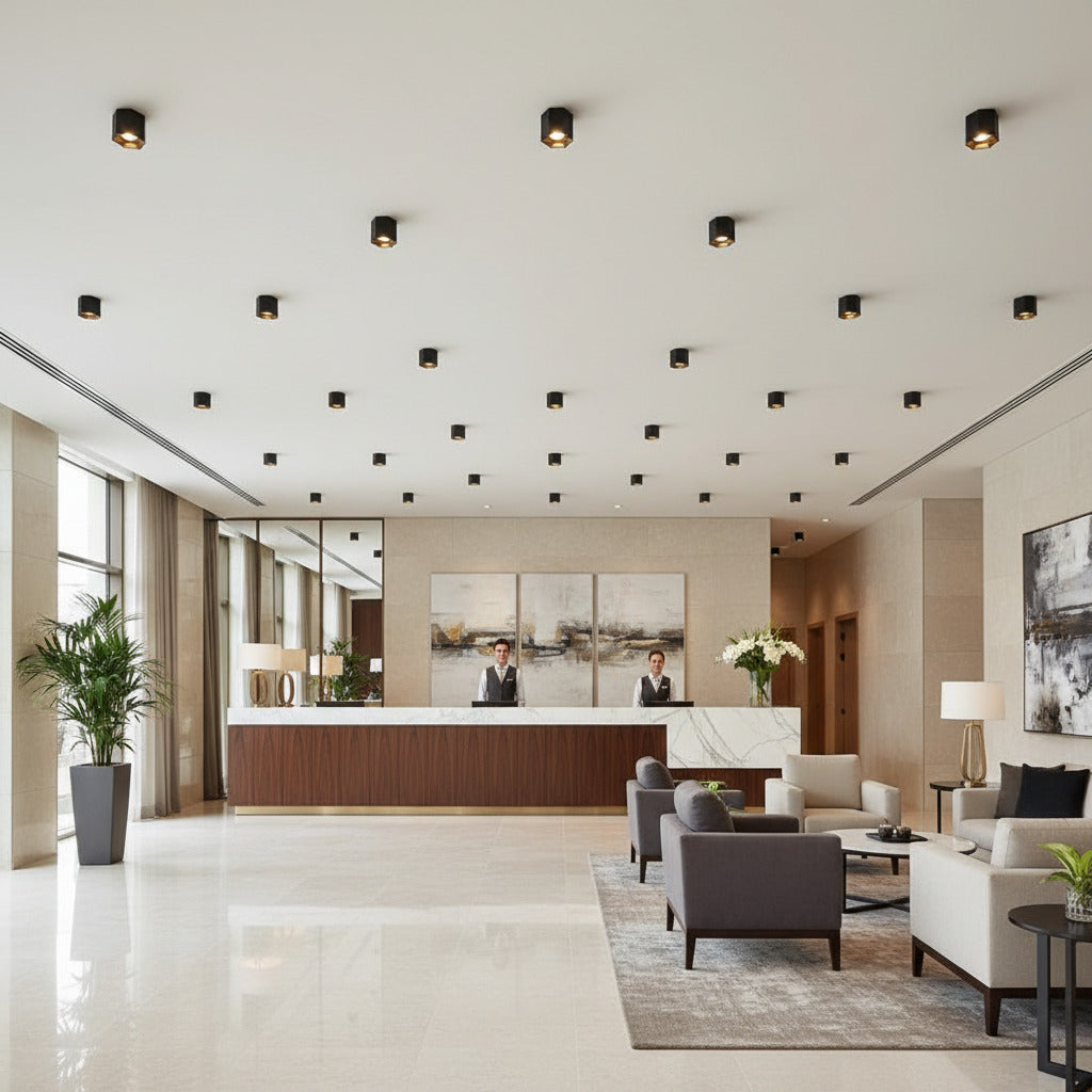 black flush ceiling lamp mounted on the ceiling in a hotel reception 
