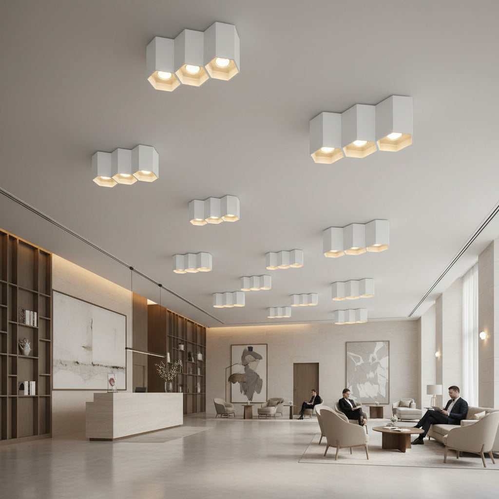 white flush mount ceiling light fixture in a hotel reception area