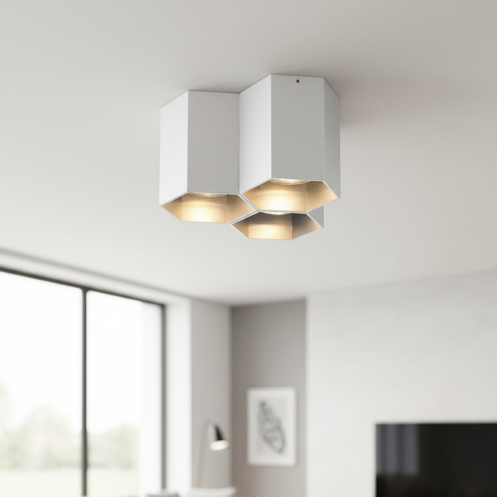 silver ceiling mount light fixture mounted on a white ceiling in a modern home