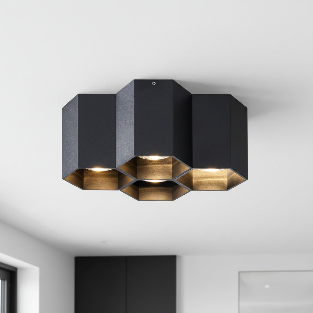 black semi flush mount ceiling light fitted in a modern home kitchen 