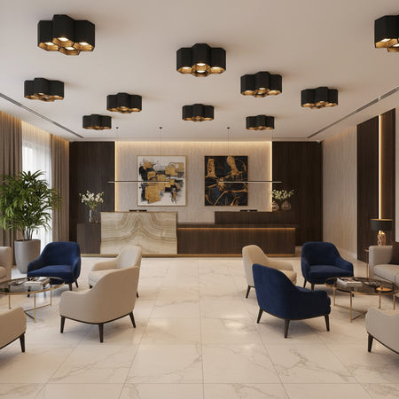 black semi flush mount ceiling light installled in a modern hotel reception 