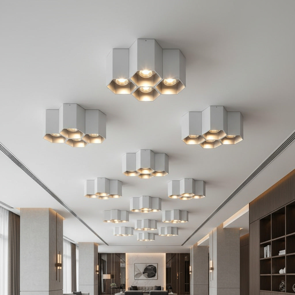 Silver modern flush mount ceiling light in a hotel bar