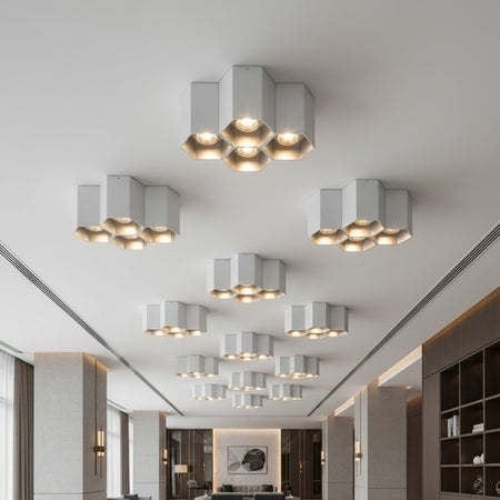 Silver modern flush mount ceiling light in a hotel bar