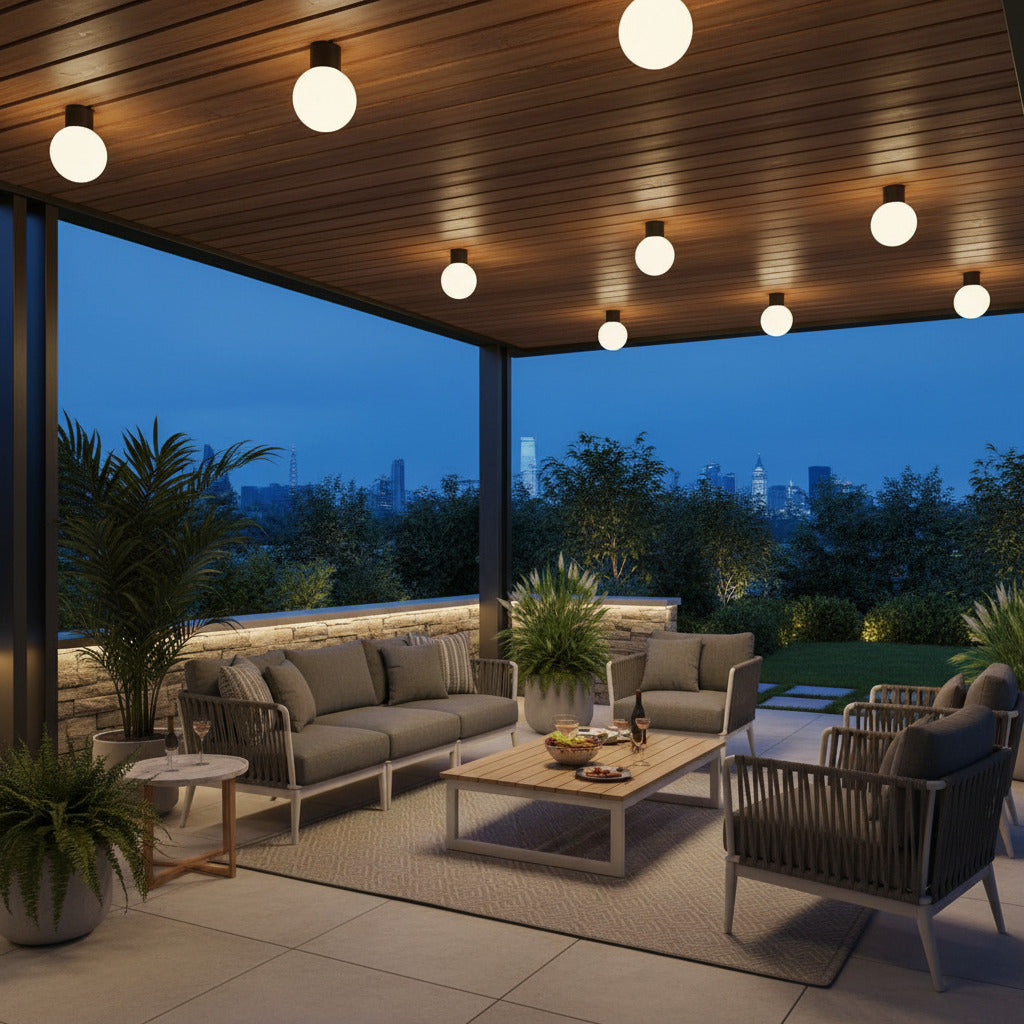 black waterproof outdoor ceiling light mounted on an outdoor ceiling 