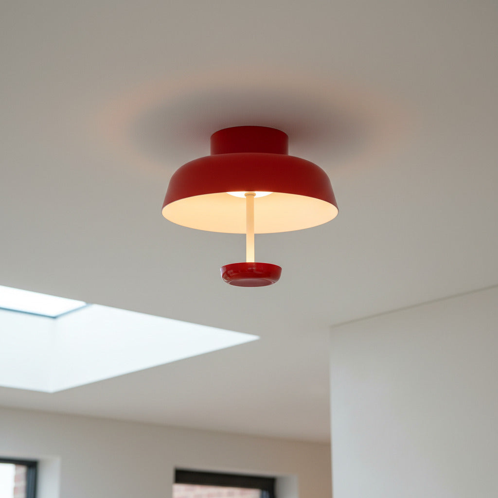 red modern semi flush ceiling light mounted in the kitchen of a home