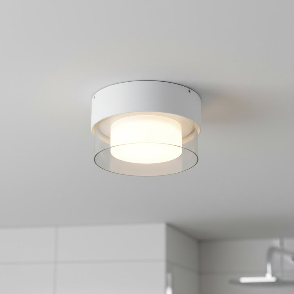 white round bathroom ceiling light installed in a modern bathroom 