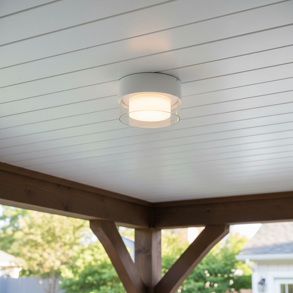 white outdoor ceiling mount light mounted under the outdoor canopy of a house