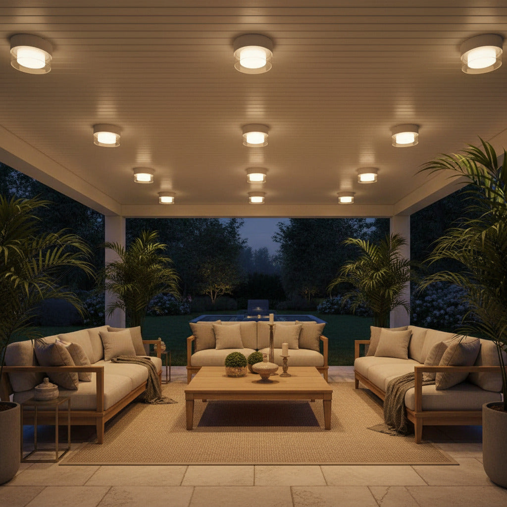 white outdoor ceiling mount light lighting up and outdoor seating area