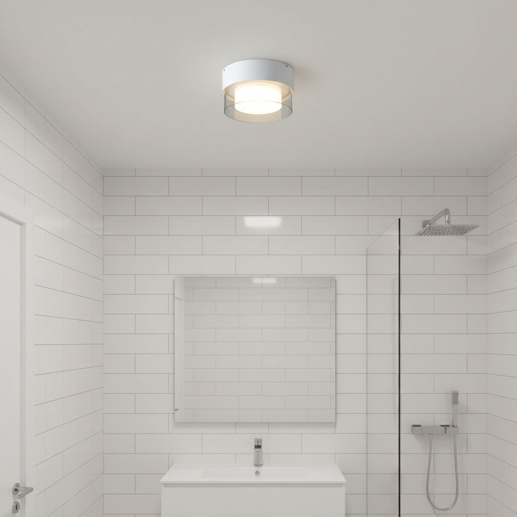 white round bathroom ceiling light installed in a modern bathroom 
