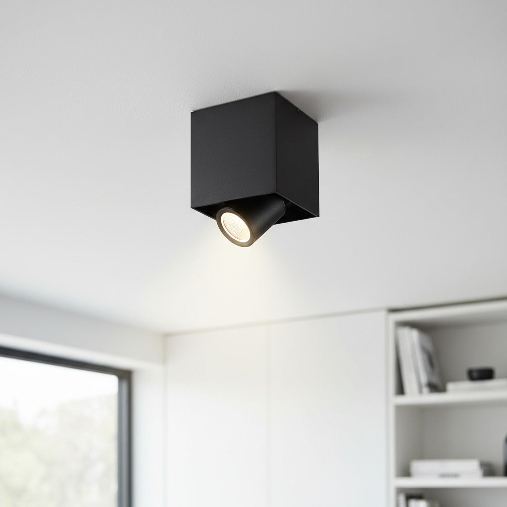 adjustable black surface downlight mounted on the ceiling in a modern home