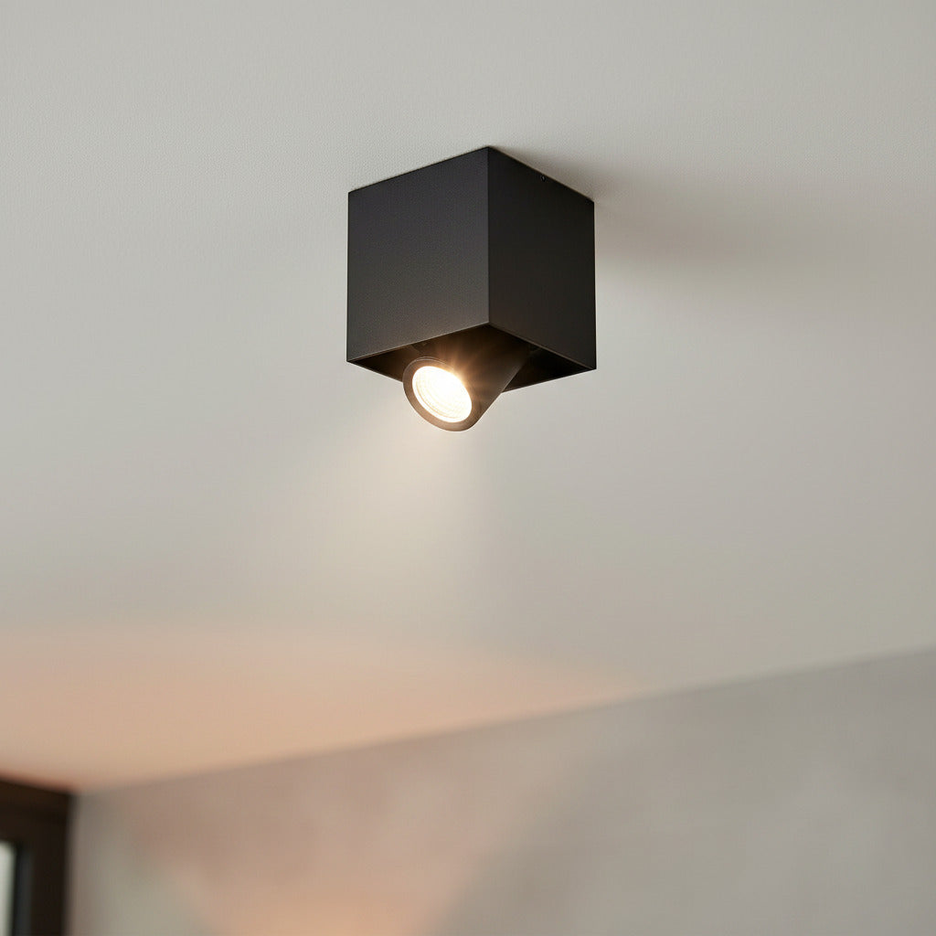 adjustable black surface downlight mounted on the ceiling in a modern house