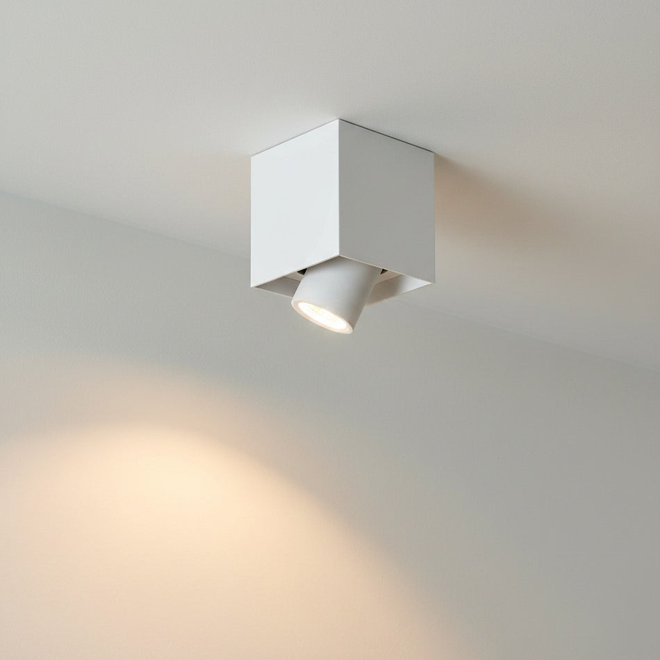 white surface mounted ceiling downlight mounted on a ceiling shining at a wall 