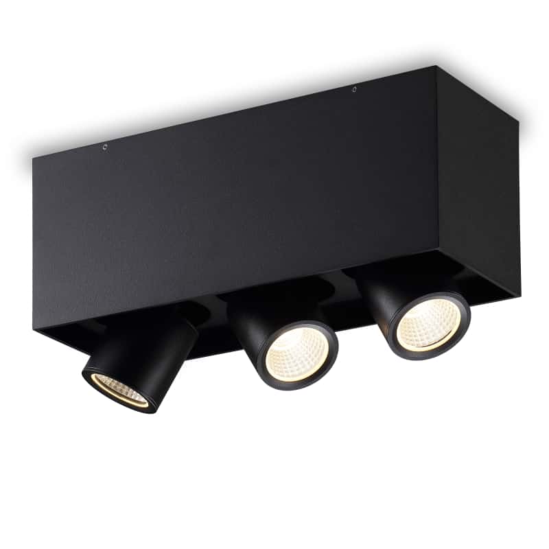black surface mounted adjustable spotlight on a white back ground 