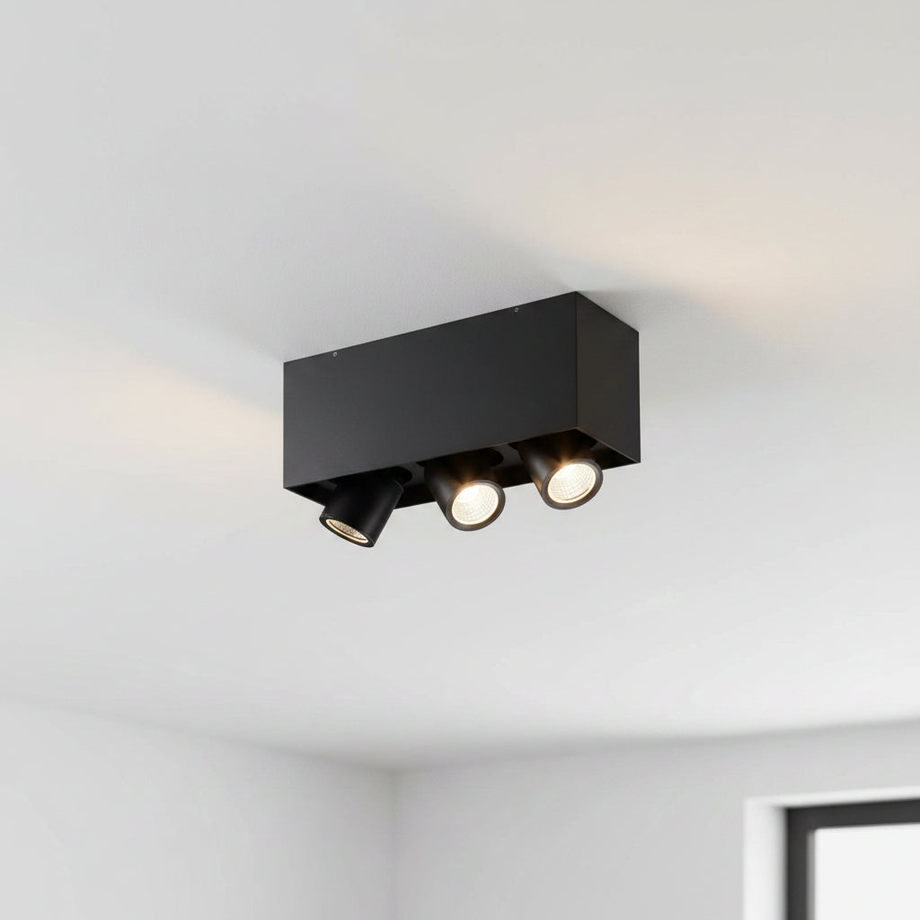 black surface mounted adjustable spotlight fitting on the ceiling in a modern home