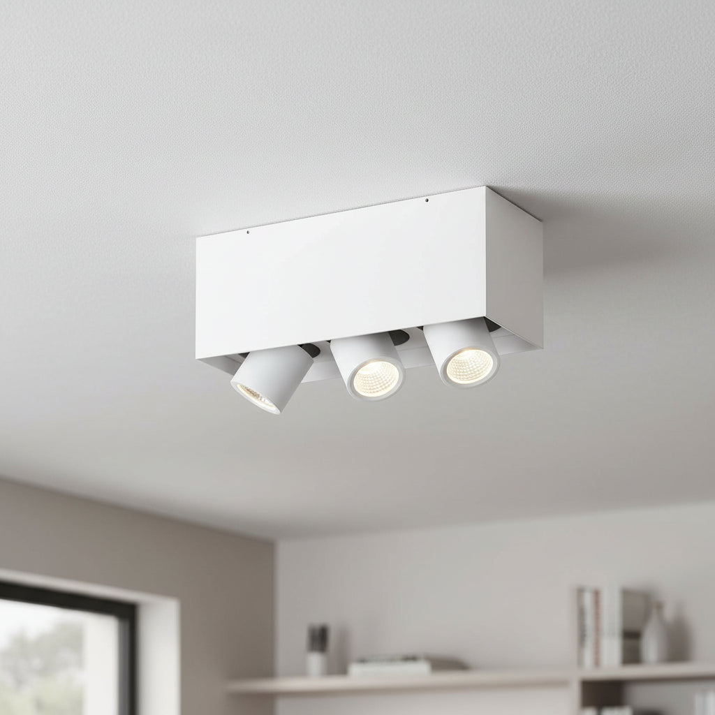 white surface mounted tiltable downlight mounted on the ceiling in a kitchen