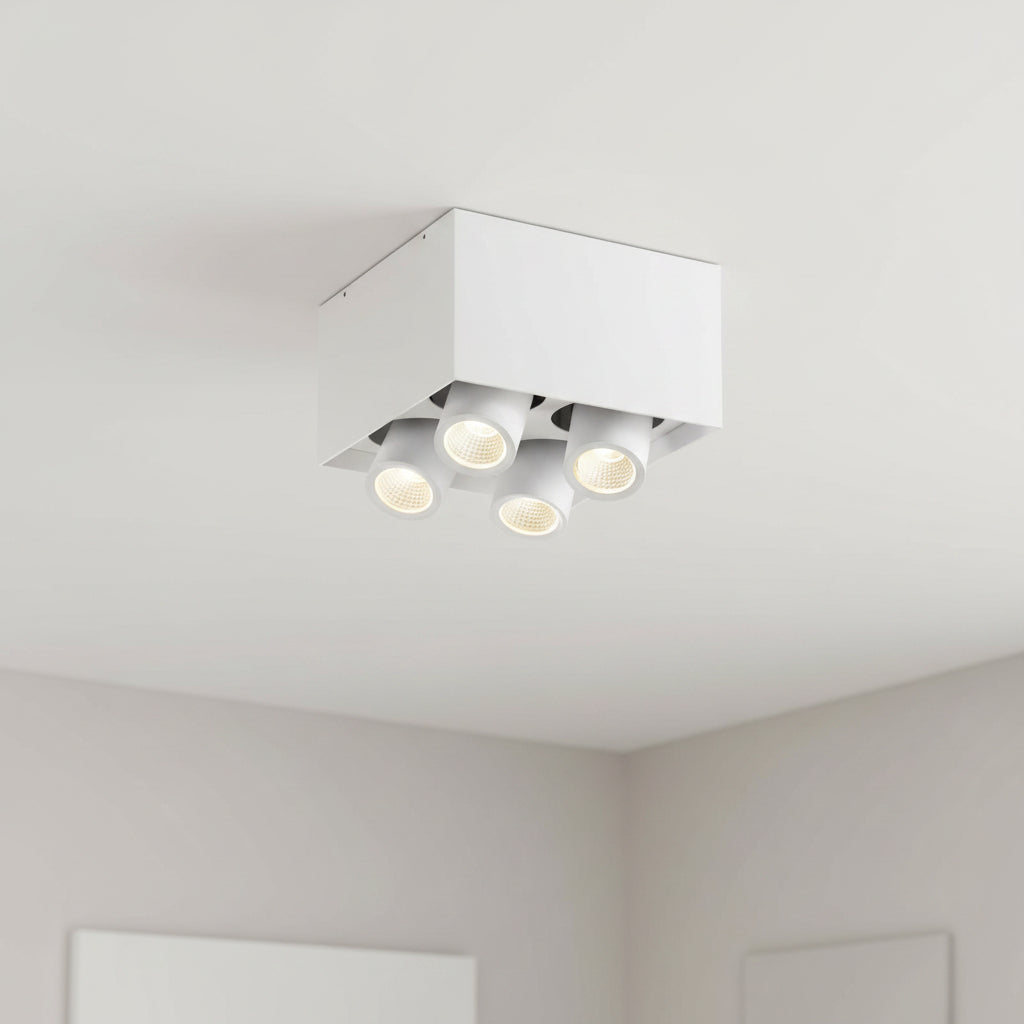 white surface mounted ceiling adjuistable spotlight mounted on the ceiling in a modern home