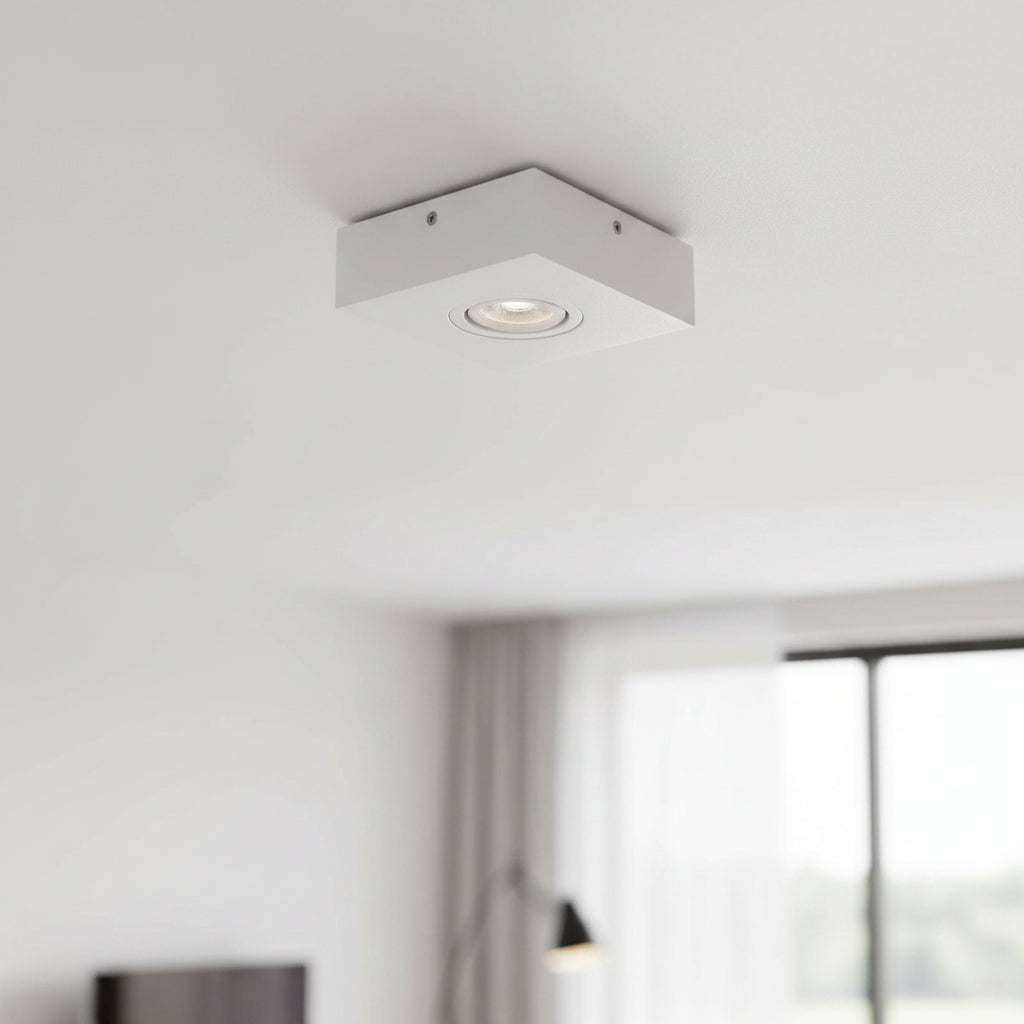 white low profile surface mount downlight installed on a white ceiling