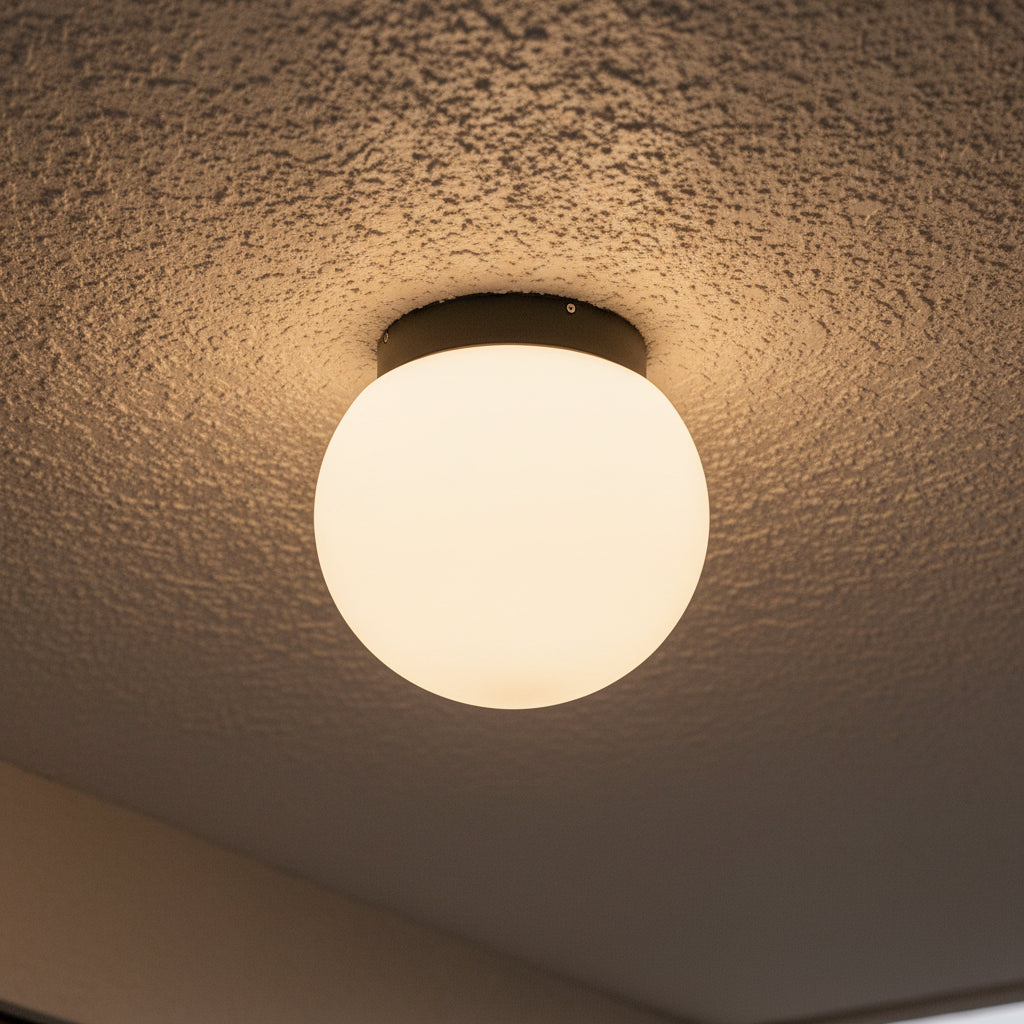 exterior ceiling light fixture mounted on a textured exterior ceiling 