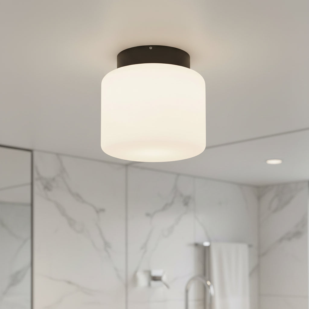 waterproof bathroom ceiling light mounted in a modern home bathroom 