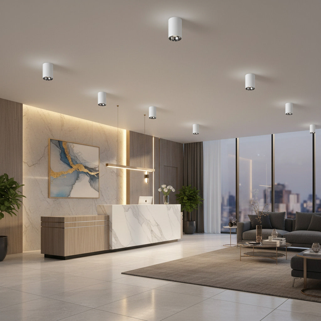white round surface mounted downlight shown on the ceiling in a hotel reception area
