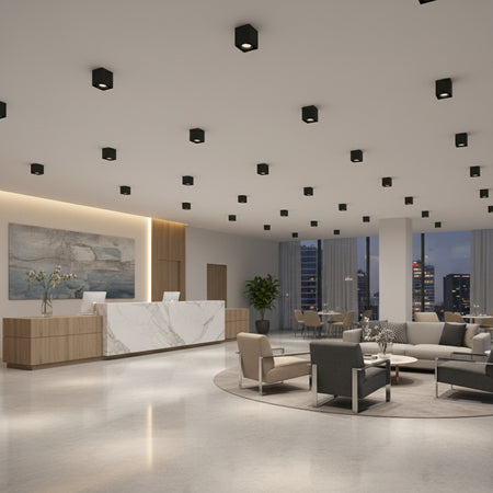 black square surface mount downlight fitted in a hotel reception area