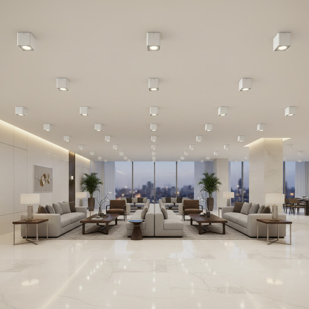 white semi flush ceiling light on the ceiling in a hotel reception area