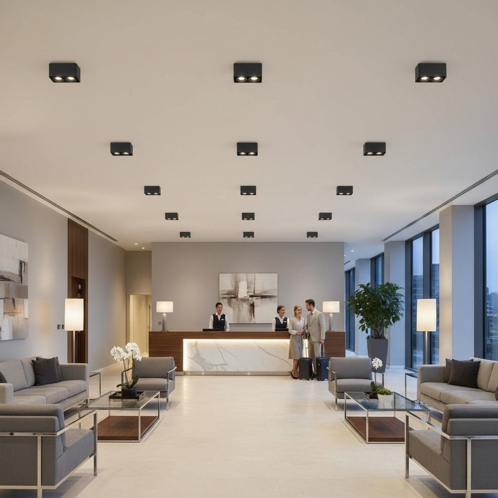 black ceiling light fixture mounted on the ceiling of a hotel reception
