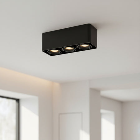 black surface mount ceilling light mounted on the ceiling in a modern kitchen 