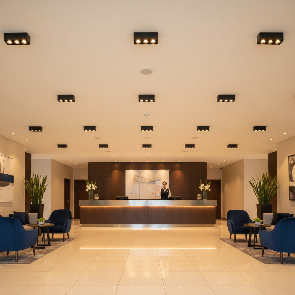 black surface mount ceiling light mounted on a hotel reception ceiling
