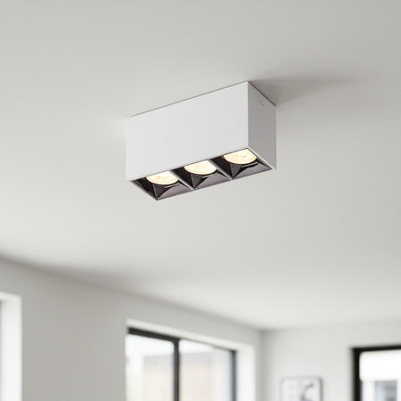 white semi flush mount ceiling lamp on a white ceiling in a modern kitchen 