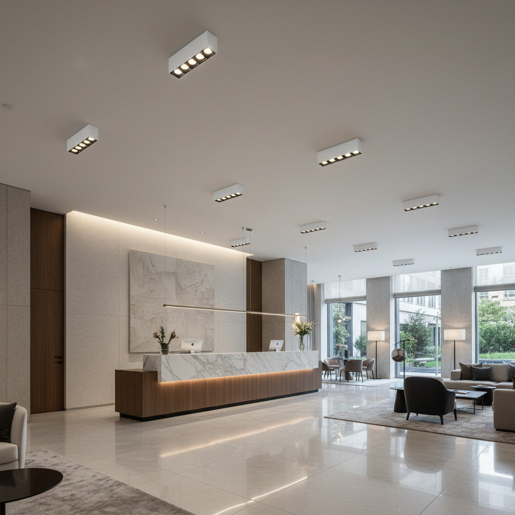 white modern flush ceiling lamp mounted on the ceiling in a hotel reception 