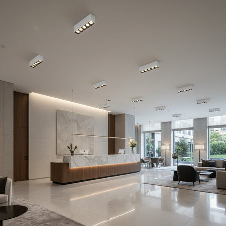 white modern flush ceiling lamp mounted on the ceiling in a hotel reception 