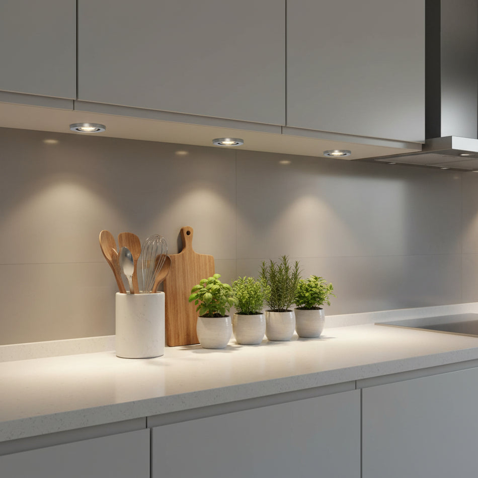 Mini LED downlight under a kitchen cabinet with kitchen utensils and plans